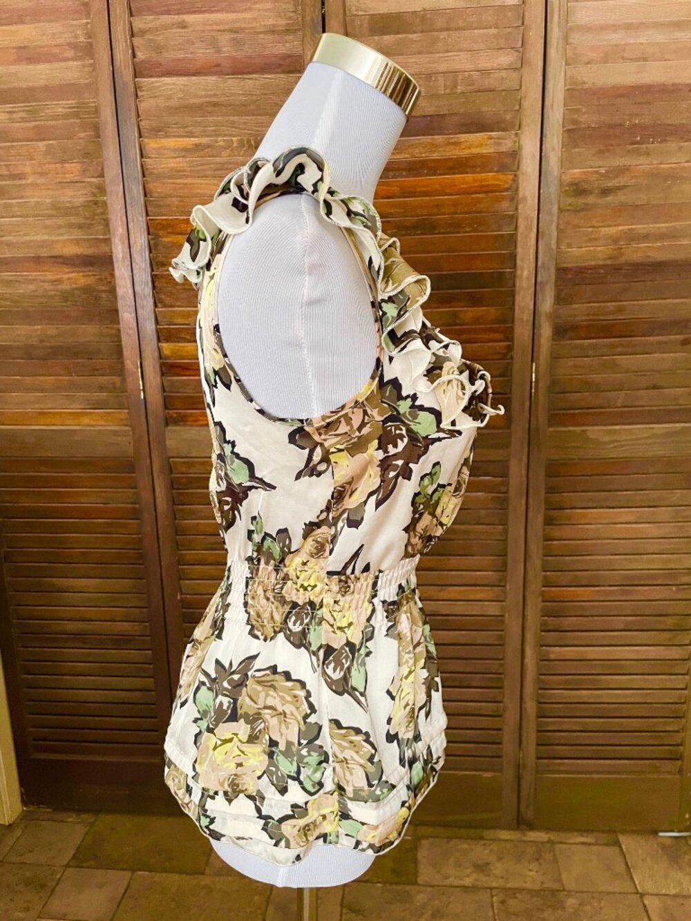 CANDIE'S BEIGE FLORAL ROSES RUFFLE SLEEVELESS DRESS SHIRT TOP BLOUSE CANDIES XS - Picture 5 of 12